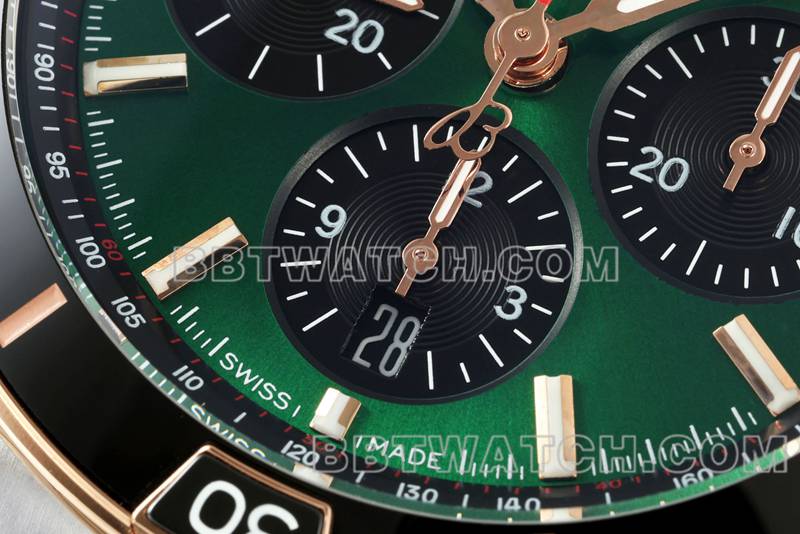 百年灵超级克隆手表TF厂机械计时绿盘44mm间金钢带款正面实拍图