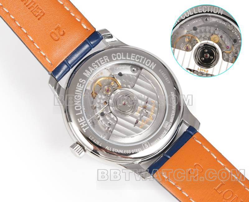 浪琴超级克隆手表XC厂名匠蓝盘钻时标L888机械机芯皮带款背面实拍图