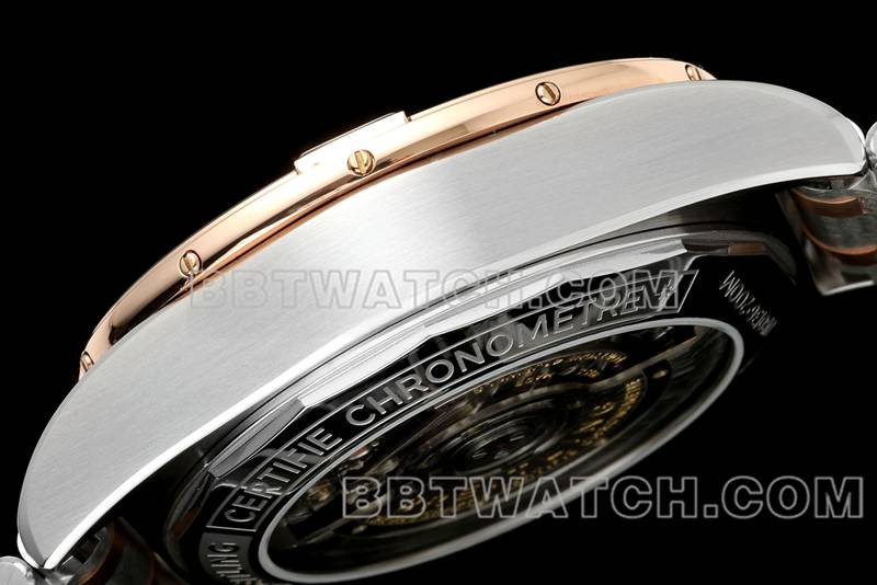 百年灵超级克隆手表TF厂机械计时绿盘44mm间金钢带款侧面实拍图