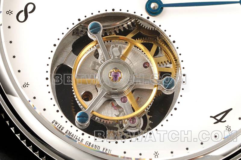 宝玑1:1复刻手表RMS厂经典白盘陀飞轮机械皮带款正面实拍图