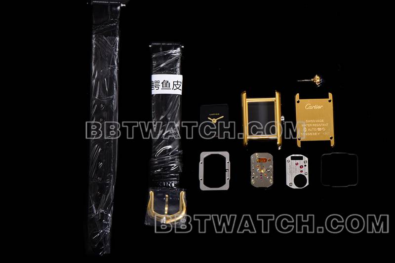 卡地亚最优复刻手表F1厂坦克黑盘黄金壳皮带款正面实拍图