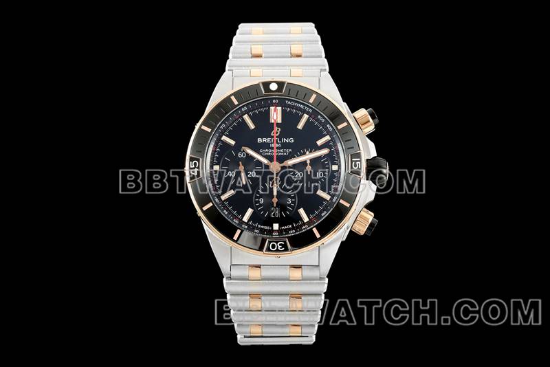 百年灵最佳复刻手表TF厂机械计时黑盘44mm间金钢带款正面实拍图