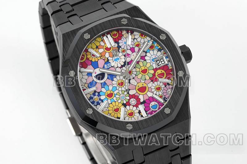 爱彼最佳复刻手表APS厂皇家橡树花朵图案表盘陶瓷钢带款15500正面实拍图