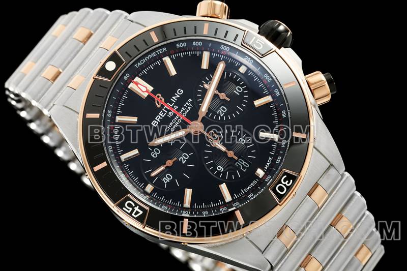 百年灵最佳复刻手表TF厂机械计时黑盘44mm间金钢带款正面实拍图