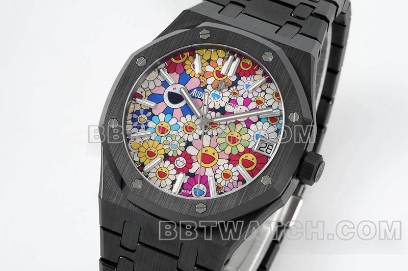 爱彼最佳复刻手表APS厂皇家橡树花朵图案表盘陶瓷钢带款15500正面实拍图