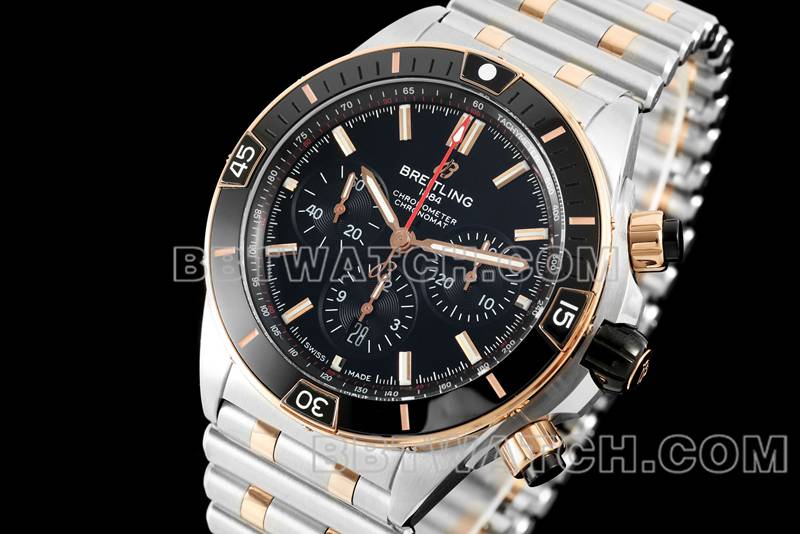 百年灵最佳复刻手表TF厂机械计时黑盘44mm间金钢带款正面实拍图