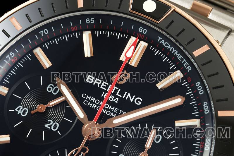 百年灵最佳复刻手表TF厂机械计时黑盘44mm间金钢带款正面实拍图