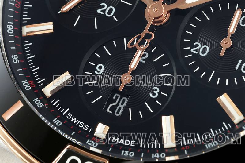 百年灵最佳复刻手表TF厂机械计时黑盘44mm间金钢带款正面实拍图