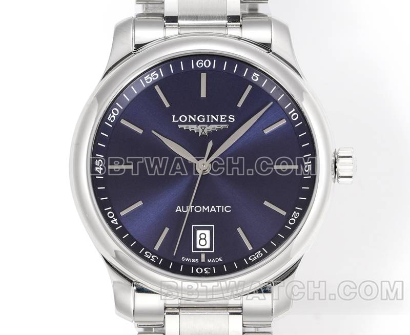 浪琴顶级复刻手表XC厂名匠蓝盘棒状时标L888机械机芯钢带款正面实拍图