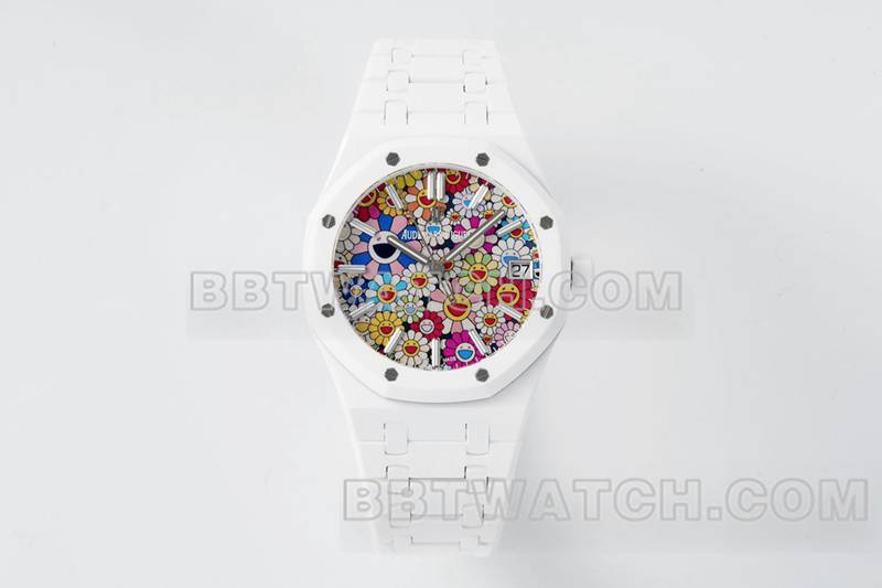 爱彼顶级复刻手表APS厂皇家橡树花朵图案表盘白色陶瓷钢带款15500正面实拍图