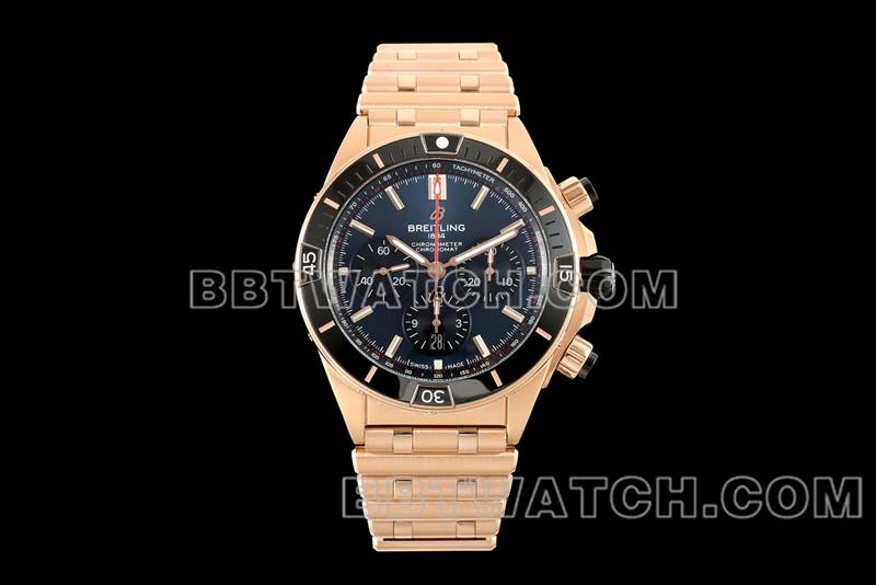 Breitling top replica watches TF factory mechanical chronograph black disk 44mm rose gold steel belt models front real picture