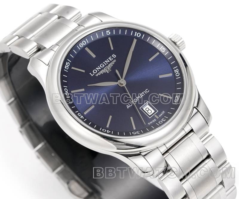 浪琴顶级复刻手表XC厂名匠蓝盘棒状时标L888机械机芯钢带款正面实拍图