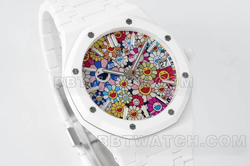 爱彼顶级复刻手表APS厂皇家橡树花朵图案表盘白色陶瓷钢带款15500正面实拍图