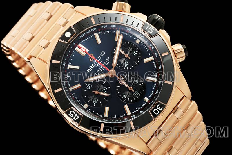 Breitling top replica watches TF factory mechanical chronograph black disk 44mm rose gold steel belt models front real picture