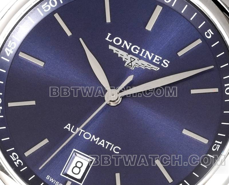 浪琴顶级复刻手表XC厂名匠蓝盘棒状时标L888机械机芯钢带款正面实拍图