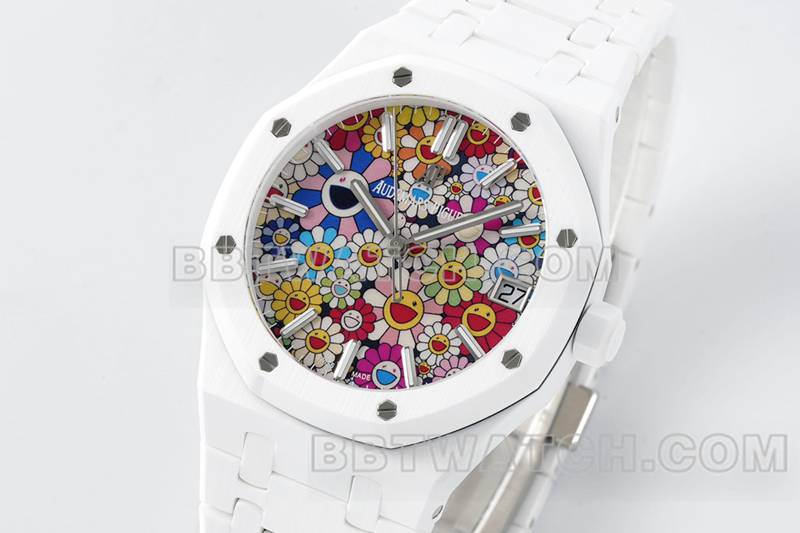 爱彼顶级复刻手表APS厂皇家橡树花朵图案表盘白色陶瓷钢带款15500正面实拍图