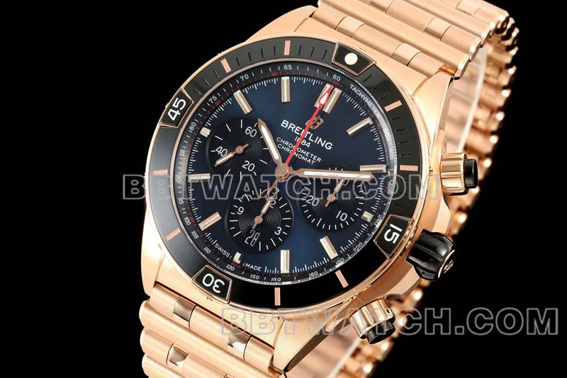 Breitling top replica watches TF factory mechanical chronograph black disk 44mm rose gold steel belt models front real picture