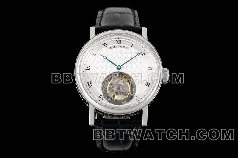 宝玑最佳复刻手表RMS厂经典银白盘陀飞轮机械皮带款正面实拍图