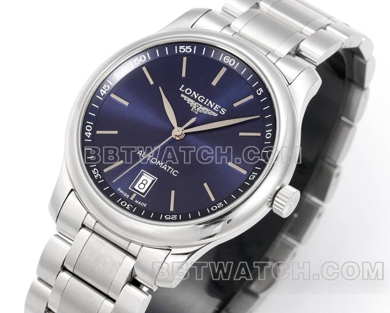 浪琴顶级复刻手表XC厂名匠蓝盘棒状时标L888机械机芯钢带款正面实拍图