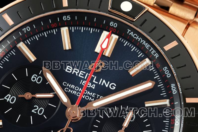 Breitling top replica watches TF factory mechanical chronograph black disk 44mm rose gold steel belt models front real picture