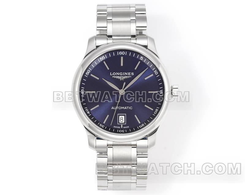 浪琴顶级复刻手表XC厂名匠蓝盘棒状时标L888机械机芯钢带款正面实拍图