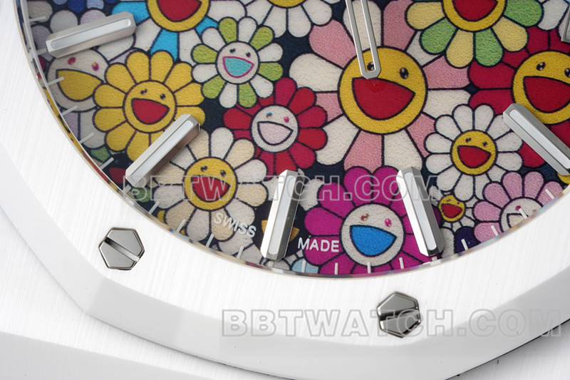 爱彼顶级复刻手表APS厂皇家橡树花朵图案表盘白色陶瓷钢带款15500正面实拍图