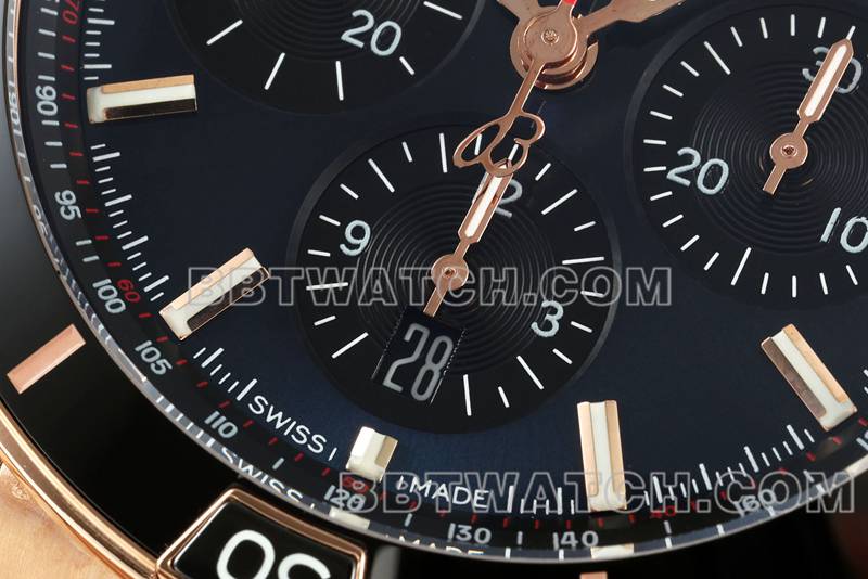 Breitling top replica watches TF factory mechanical chronograph black disk 44mm rose gold steel belt models front real picture