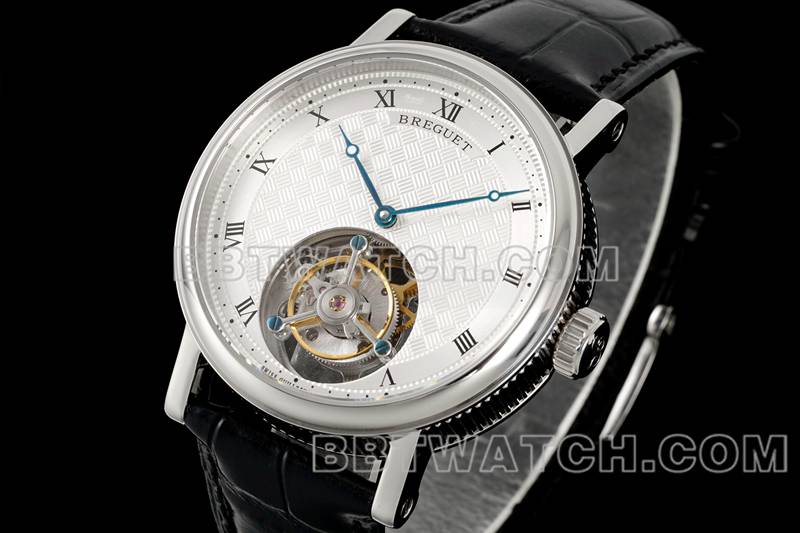 宝玑最佳复刻手表RMS厂经典银白盘陀飞轮机械皮带款正面实拍图