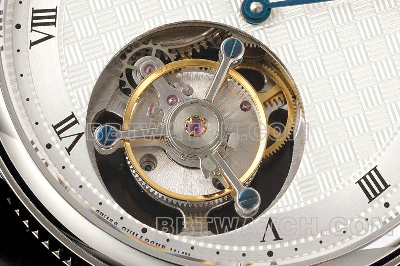 宝玑最佳复刻手表RMS厂经典银白盘陀飞轮机械皮带款正面实拍图