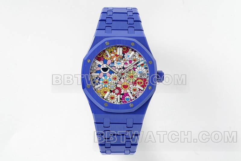 爱彼最优复刻手表APS厂皇家橡树花朵图案表盘蓝色陶瓷钢带款15500正面实拍图