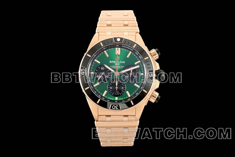 Breitling optimal replica watches TF factory mechanical chronograph green disk 44mm rose gold steel belt models front real picture