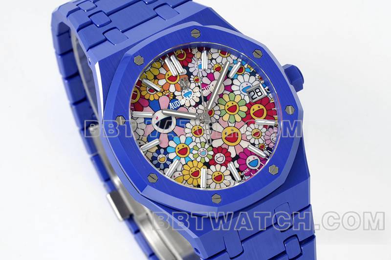 爱彼最优复刻手表APS厂皇家橡树花朵图案表盘蓝色陶瓷钢带款15500正面实拍图