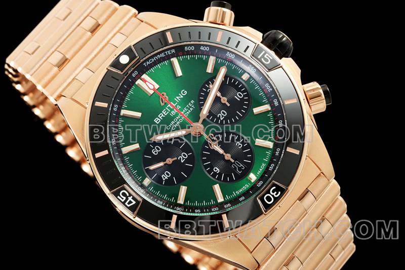 Breitling optimal replica watches TF factory mechanical chronograph green disk 44mm rose gold steel belt models front real picture