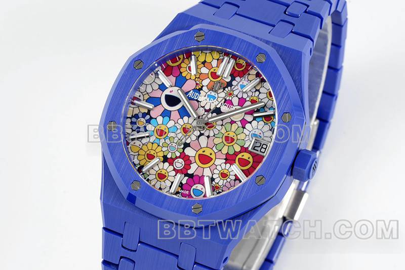 爱彼最优复刻手表APS厂皇家橡树花朵图案表盘蓝色陶瓷钢带款15500正面实拍图