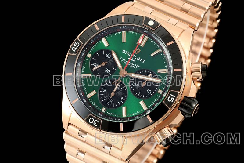 Breitling optimal replica watches TF factory mechanical chronograph green disk 44mm rose gold steel belt models front real picture