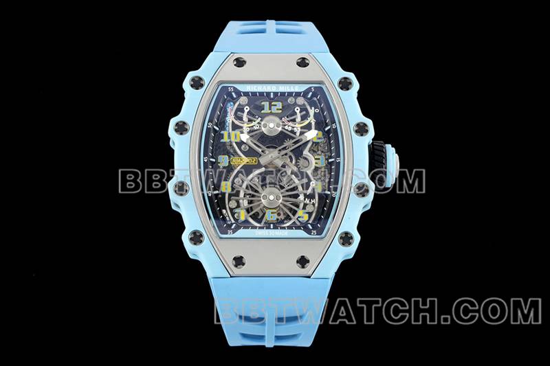 理查德米尔顶级复刻手表镂空盘陀飞轮机械蓝色橡胶款RM 21-02正面实拍图