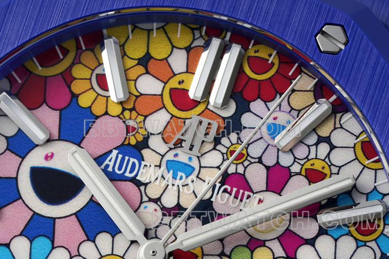 爱彼最优复刻手表APS厂皇家橡树花朵图案表盘蓝色陶瓷钢带款15500正面实拍图