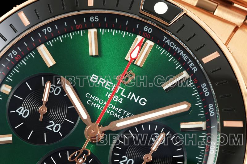 Breitling optimal replica watches TF factory mechanical chronograph green disk 44mm rose gold steel belt models front real picture