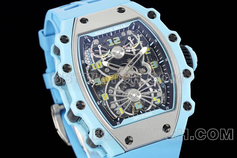 理查德米尔顶级复刻手表镂空盘陀飞轮机械蓝色橡胶款RM 21-02正面实拍图