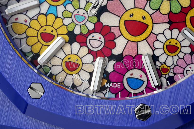 爱彼最优复刻手表APS厂皇家橡树花朵图案表盘蓝色陶瓷钢带款15500正面实拍图