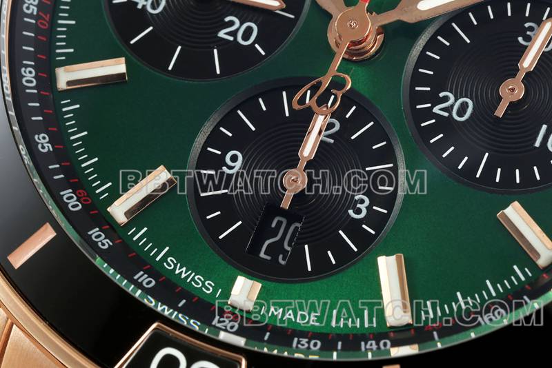 Breitling optimal replica watches TF factory mechanical chronograph green disk 44mm rose gold steel belt models front real picture