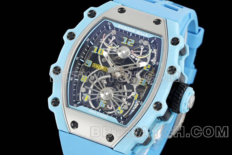 理查德米尔顶级复刻手表镂空盘陀飞轮机械蓝色橡胶款RM 21-02正面实拍图