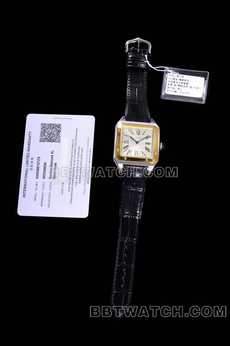 卡地亚超级克隆手表F1厂山度士白盘黄金圈皮带款正面实拍图