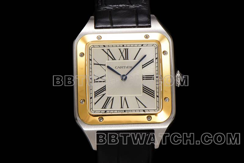 卡地亚超级克隆手表F1厂山度士白盘黄金圈皮带款正面实拍图