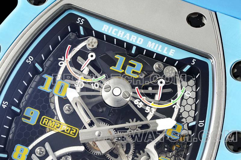 理查德米尔顶级复刻手表镂空盘陀飞轮机械蓝色橡胶款RM 21-02正面实拍图