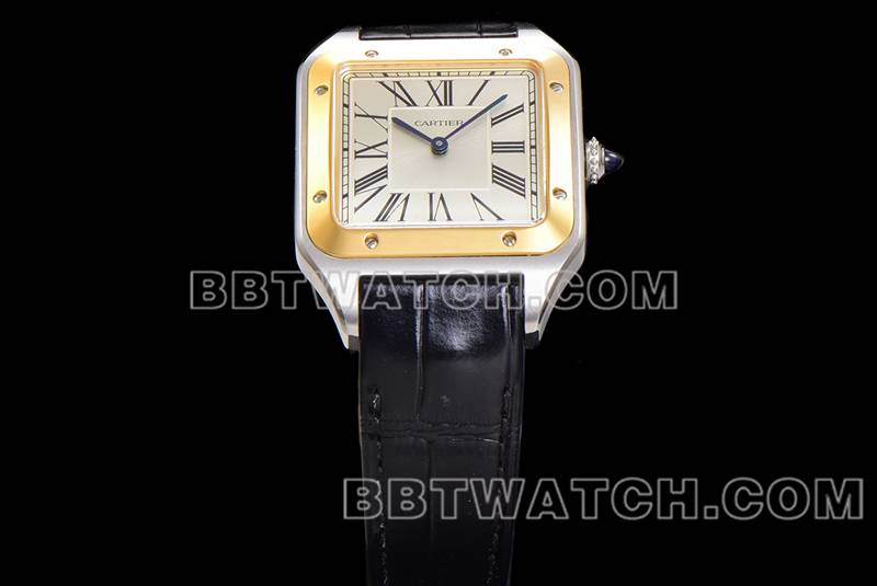 卡地亚超级克隆手表F1厂山度士白盘黄金圈皮带款正面实拍图