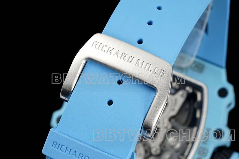 理查德米尔顶级复刻手表镂空盘陀飞轮机械蓝色橡胶款RM 21-02表带实拍图