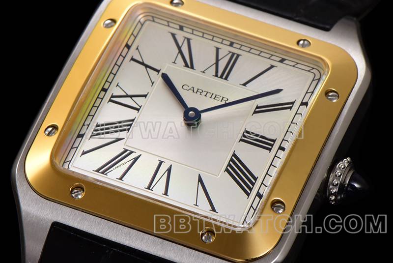 卡地亚超级克隆手表F1厂山度士白盘黄金圈皮带款正面实拍图