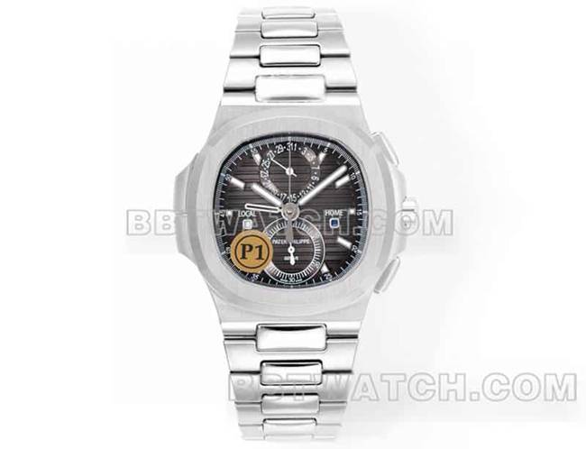 运动优雅最优复刻手表P1厂百达翡丽黑盘机械钢带款5990正面实拍图