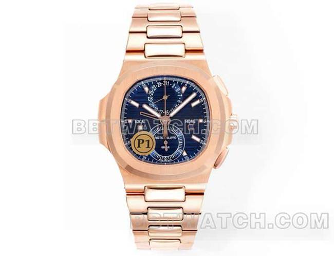 运动优雅1:1复刻手表P1厂百达翡丽蓝盘玫瑰金机械钢带款5990正面实拍图